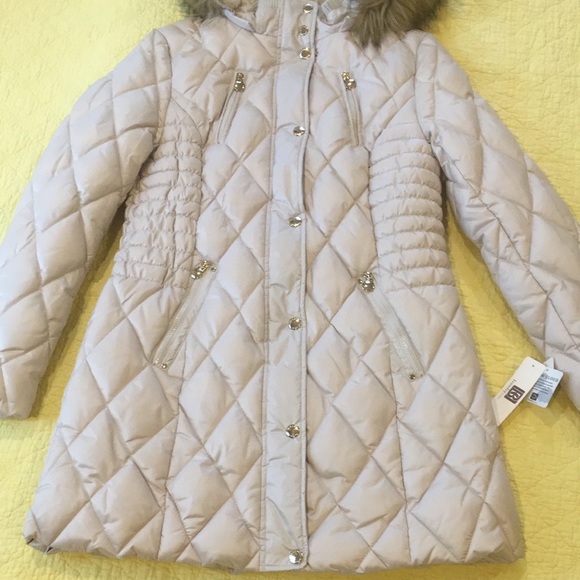 New! Laundry By Design Cream/Gold Quilted Puffer Coat Fur Trim Hood Large - Picture 5 of 13